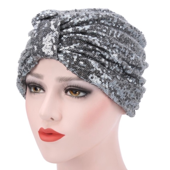 Gun metal gray all over sequined pinup turban cloche hat - Picture 3 of 4